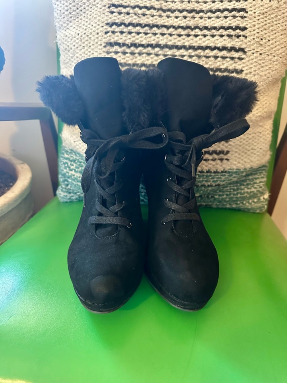 Rouge Helium Black Faux Fur Lace-Up Wedge Ankle Boots - Picture 5 of 5